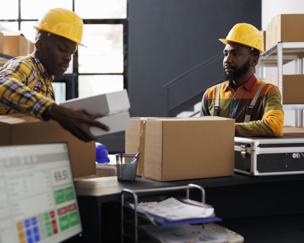 Warehouse employees putting boxes on desk ready for shipment Warehouse employees putting packed boxes on counter desk ready for shipment. African american e commerce retail storehouse managers preparing customer packages for transportation